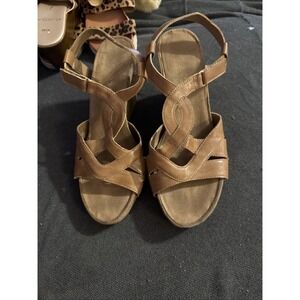 Sofft Camel Tan Leather Strappy Wedge Sandals Heels Shoes 7.5 Aerosoles
